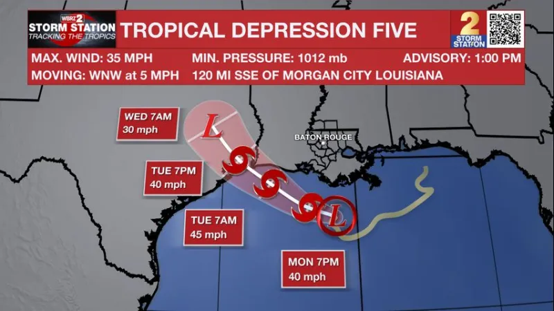 UPDATE: Tropical Depression Five officially forms offshore, just over 100 miles off the Louisiana coast