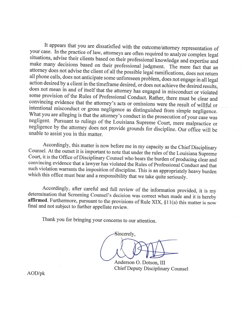 Did attorney disciplinary counsel drop the ball in failing to initiate investigation into complaint of attorney's actions?