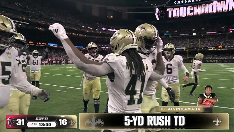 Alvin Kamara between the tackles for the touchdown vs. Falcons