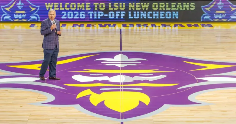 LSU New Orleans unveiled a new basketball court featuring its new purple and gold look