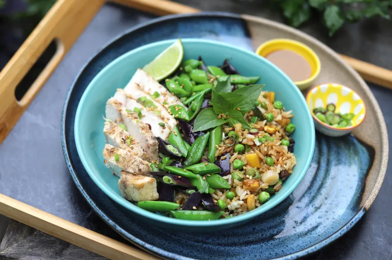 Grilled Swordfish and Veggie Fried Rice Bowls