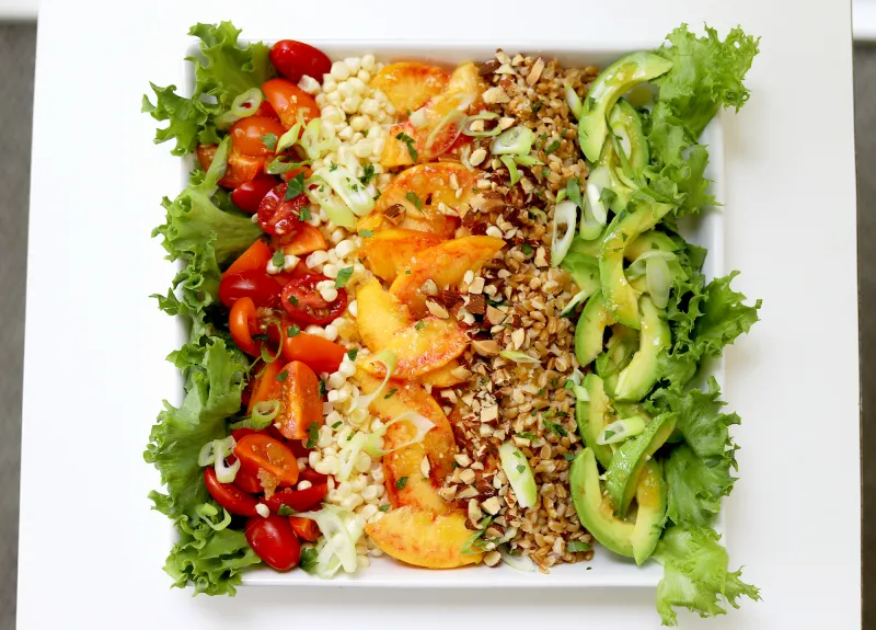 Composed Summer Salad with Peaches, Corn, Tomatoes, Grains & Lemon-Ginger Dressing
