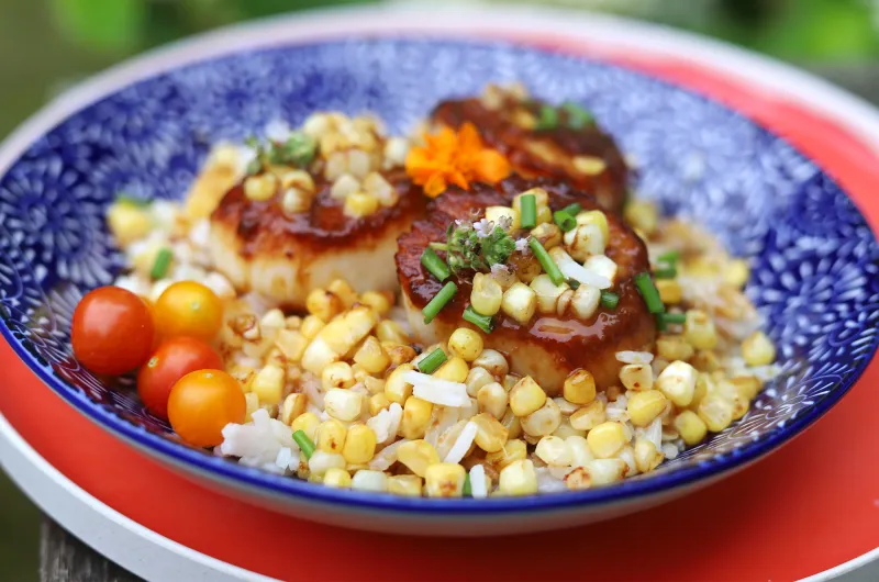 Seared Sea Scallops with Miso-Mirin Butter and Fresh Corn