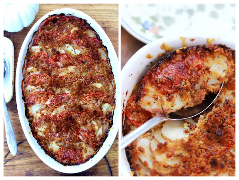 Red Potato & Tomato Tian with Leeks, Gruyre & Rosemary