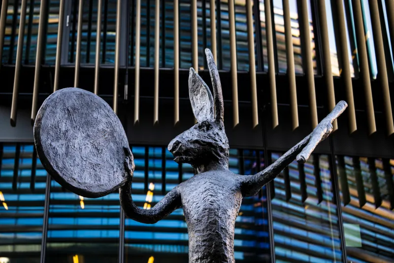 A 16-foot, drum-playing hare joins Northeastern's Boston campus
