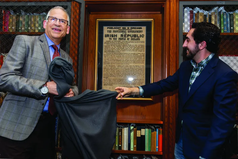 BC unveils its newly purchased original copy of Irish Proclamation; 1916 document on display through the Fall semester in Burns Library