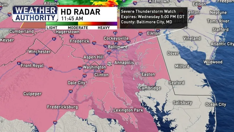 Severe thunderstorm watch until 5 p.m. for parts of Maryland