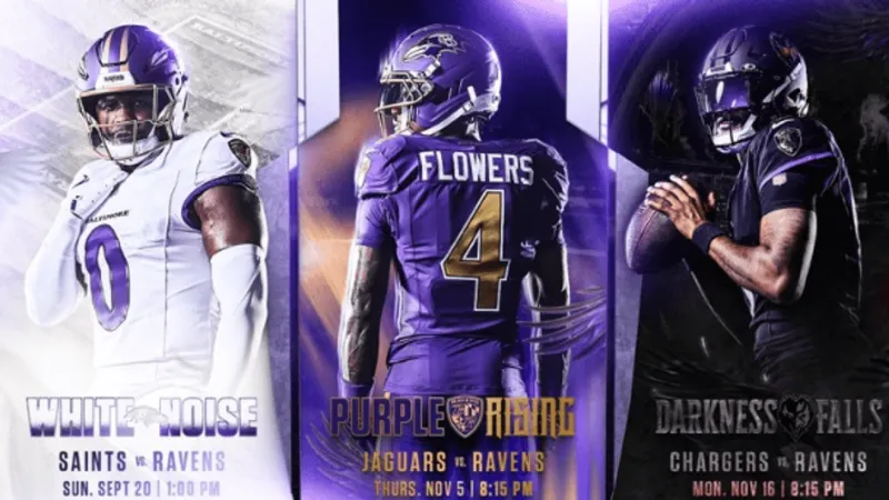 Ravens unveil 'Purple Rising,' & 'Darkness Falls' uniform theme games for 2026