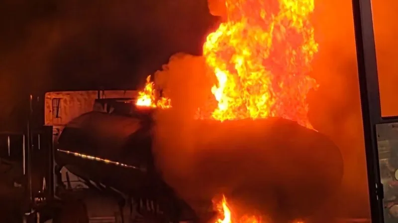 Fuel tanker carrying roughly 8,000 gallons of gasoline catches fire in Baltimore County