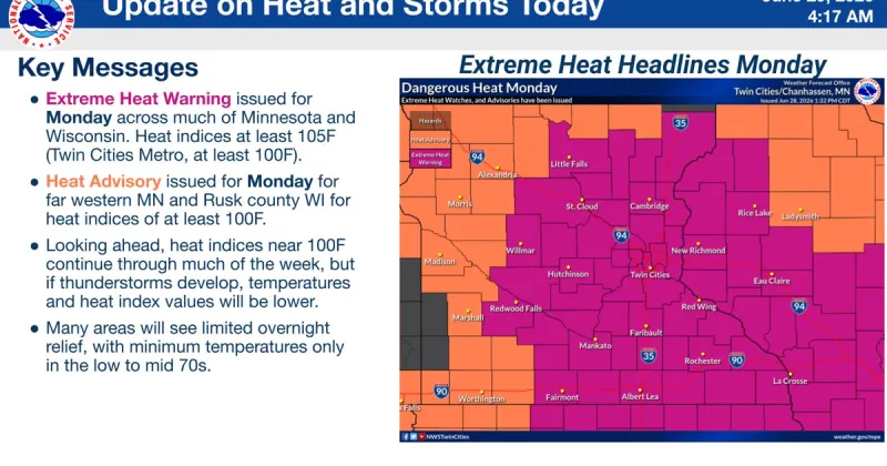 Heat Advisories and Extreme Heat Warnings in effect for Minnesota today (Monday)