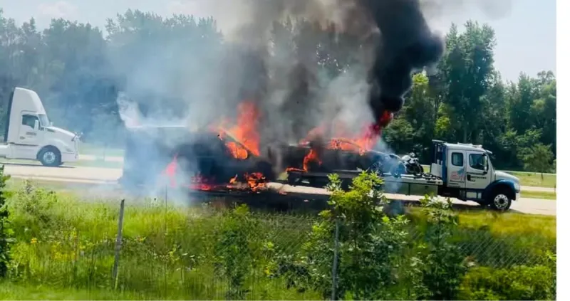 Multiple Vehicles Attached to Flatbed Catch Fire on Hwy. 52