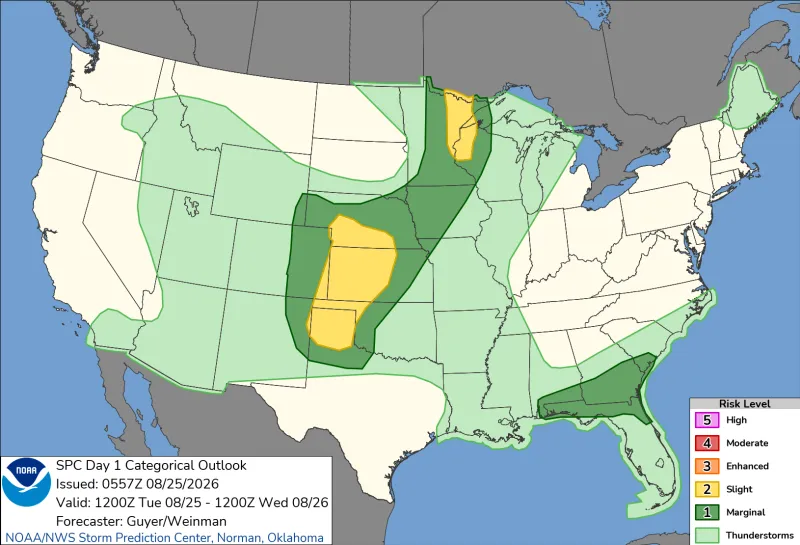 Lingering instability Tuesday along a cool front