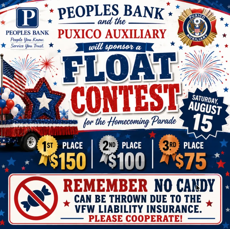 Peoples Bank and Puxico Auxiliary to Sponsor Homecoming Parade Float Contest
