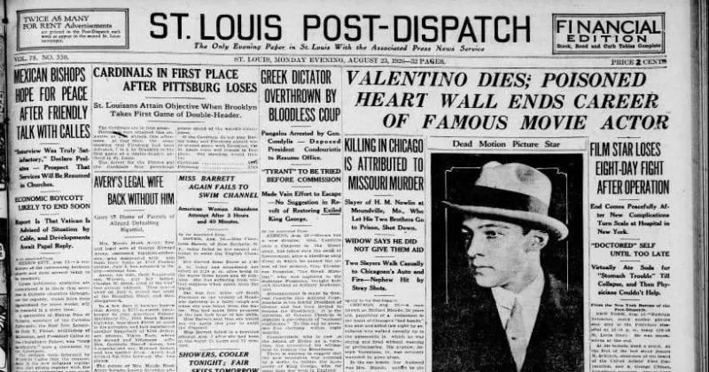 See the Aug. 23, 1926, front page: Famous movie actor Valentino dies