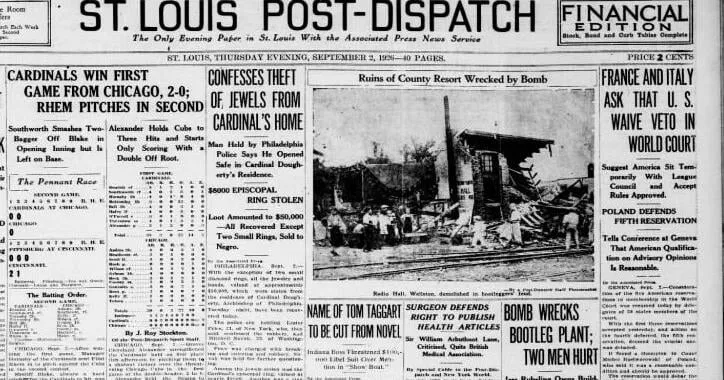 See the Sept. 2, 1926, front page: Bomb wrecks bootleg plant; two men hurt