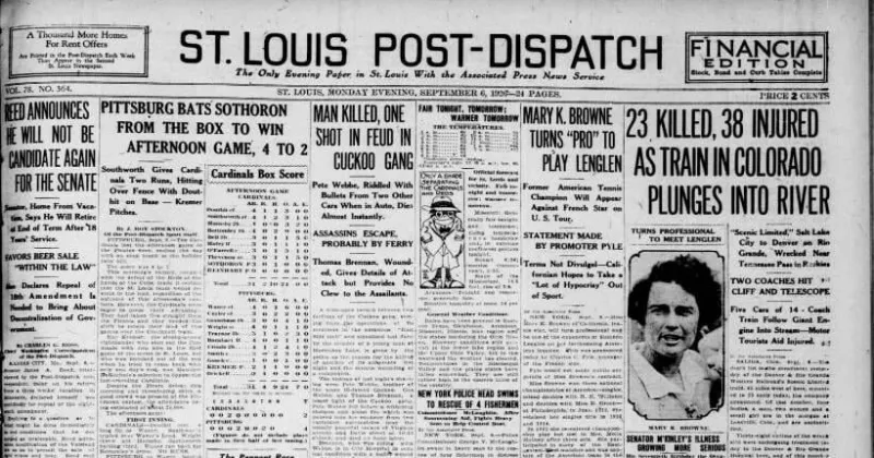 See the Sept. 6, 1926, front page: Man killed, one shot in feud in cuckoo gang