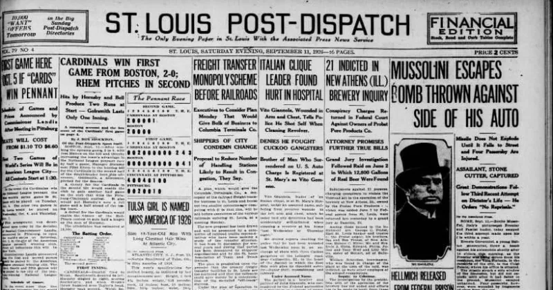 See the Sept. 11, 1926, front page: First game here Oct. 5 if 'Cards' win pennant