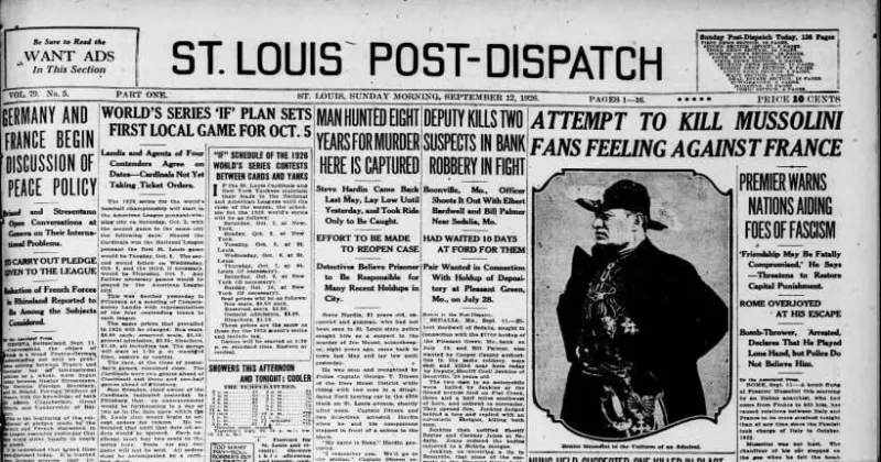 See the Sept. 12, 1926, front page: Man hunted eight years for murder here is captured