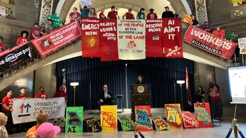 Demonstrators gather at State Capitol against AI data centers