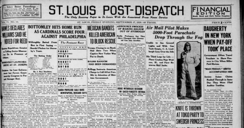 See the Sept. 17, 1926, front page: Air mail pilot makes 5,000-foot parachute drop in fog