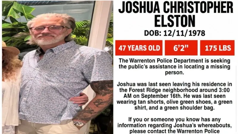 Warrenton police search for missing man, Joshua Christopher Elston, 47