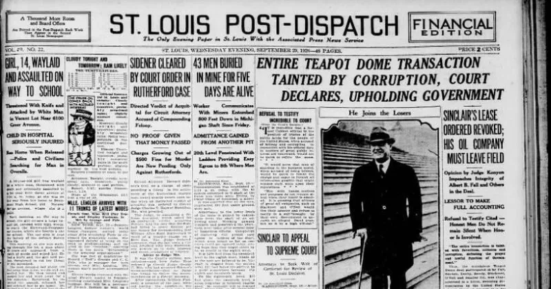 See the Sept. 29, 1926, front page: Teapot Dome tainted by corruption, court declares