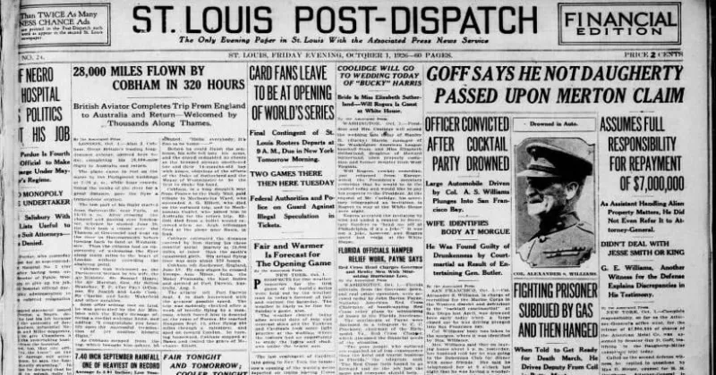 See the Oct. 1, 1926, front page: Cards fans leave to be at opening of World's Series