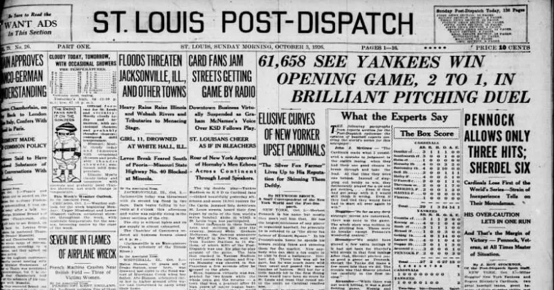 See the Oct. 3, 1926, front page: Cards fans jam streets getting game by radio