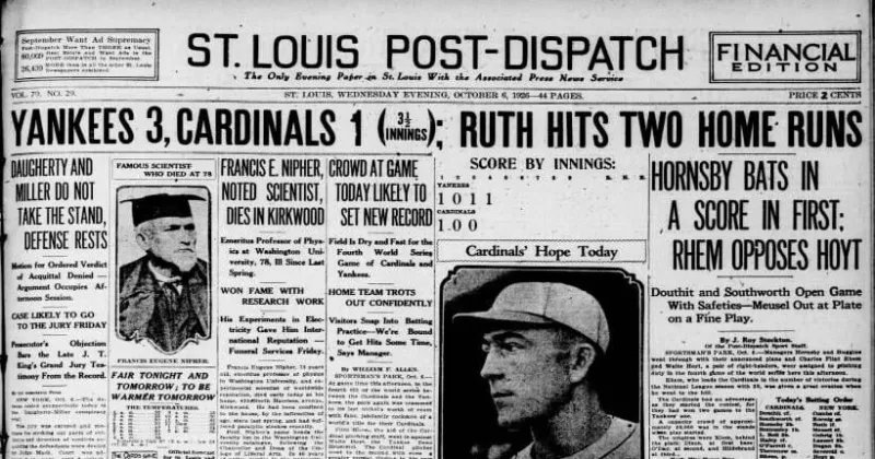 See the Oct. 6, 1926, front page: Babe Ruth hits two home runs vs. Cardinals