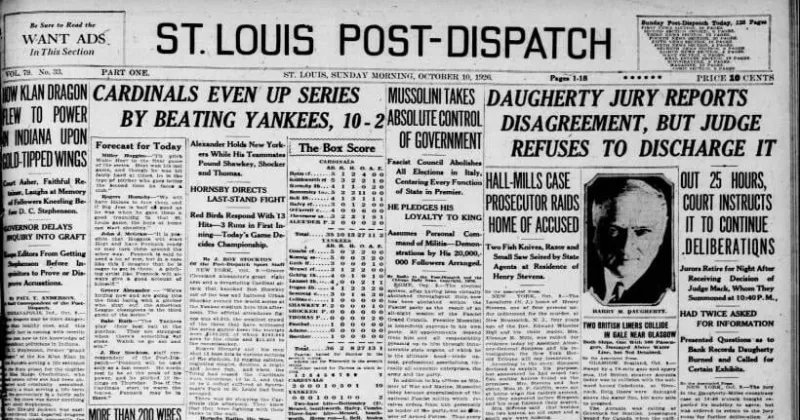 See the Oct. 10, 1926, front page: Cardinals even up series by beating Yankees, 10-2