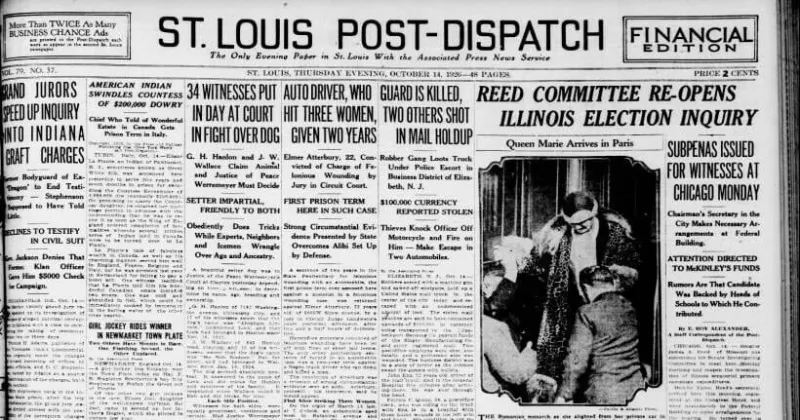 See the Oct. 14, 1926, front page: 34 witnesses put in day at court in fight over dog