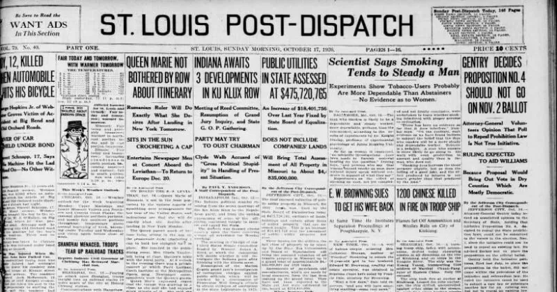 See the Oct. 17, 1926, front page: Scientist says smoking tends to steady a man