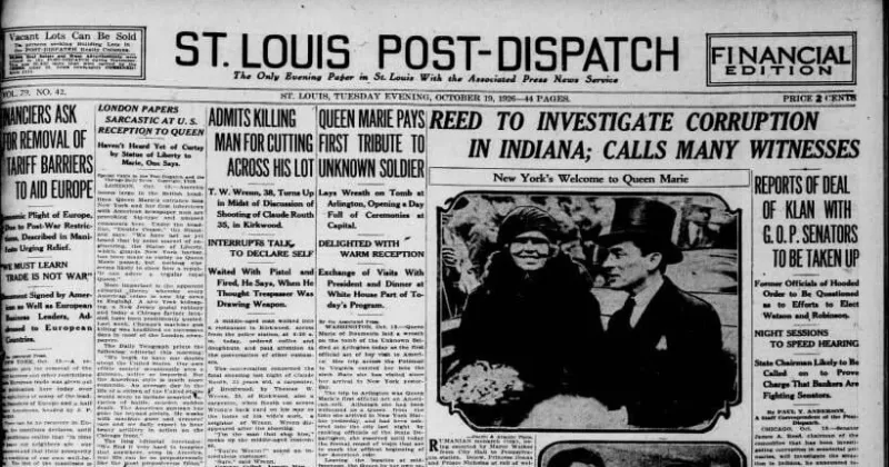 See the Oct. 19, 1926, front page: Man admits killing another for cutting across his lot