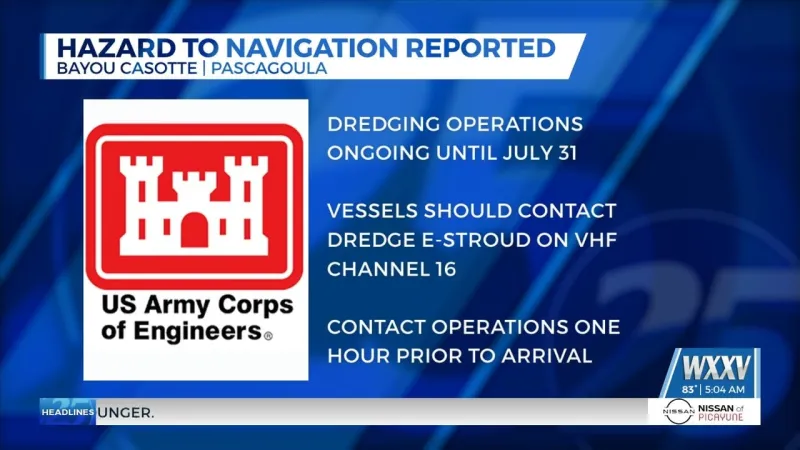 Army Corps of Engineers warns boaters of hazard to navigation at Bayou Casotte