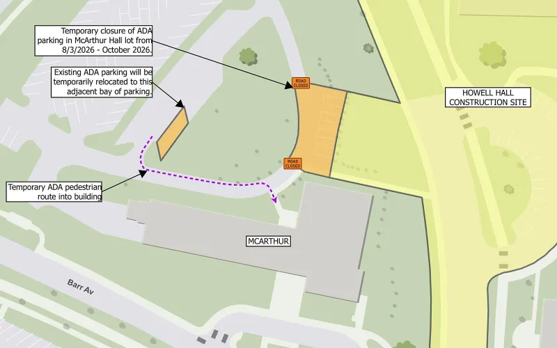 McArthur Hall ADA parking temporarily relocating