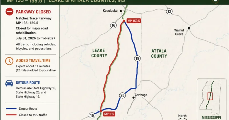 15-mile section reopens on Natchez Trace Parkway as 24-mile detour begins