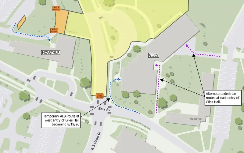 Temporary pedestrian routes established during Howell Hall project