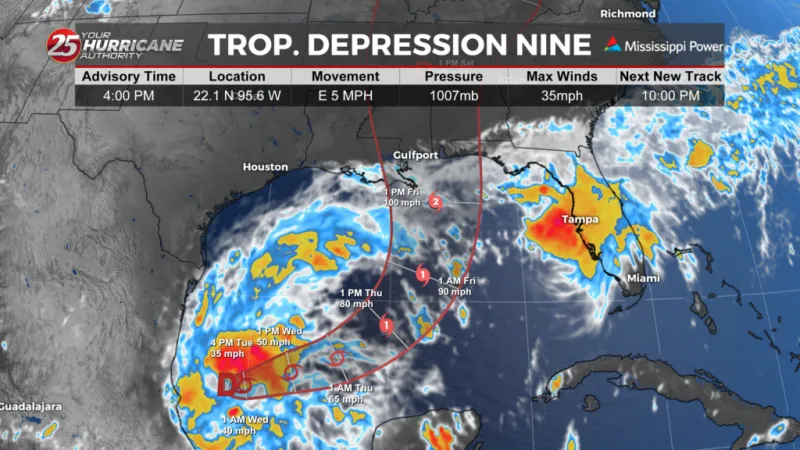 Tropical Depression Nine forms in the Gulf, expected to strengthen quickly