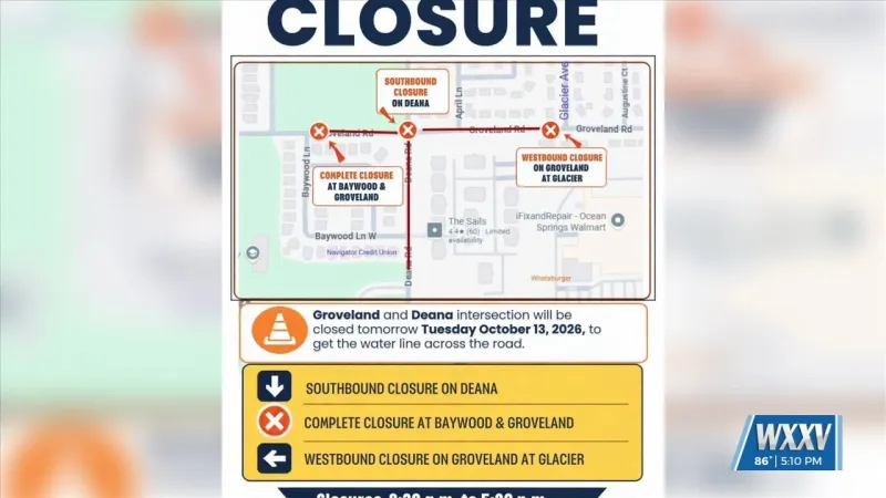 Intersection closure for Groveland Road and Deana Road in Ocean Springs