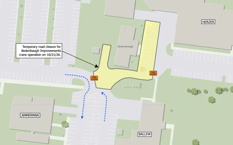 Temporary road, parking closures planned near Bedenbaugh Hall