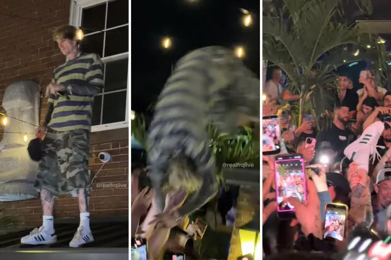 Video -- MGK Injures Back After Somersaulting Off Roof Into Audience