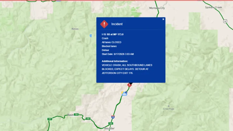 Crash closes all southbound lanes of I-15 near Jefferson City