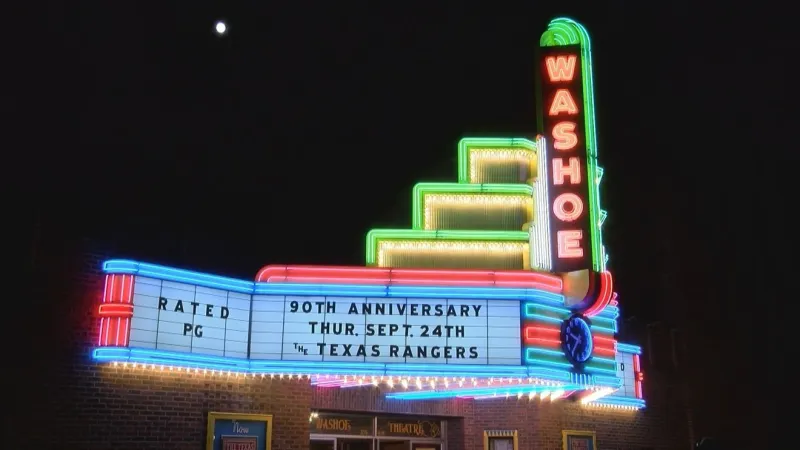 Washoe Theatre marquee lights up Anaconda night sky once again