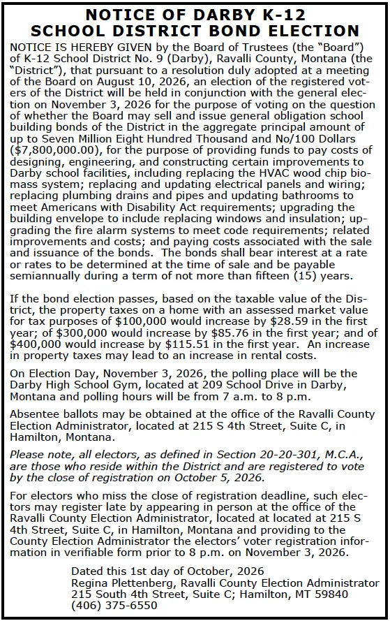 Notice of Darby K-12 Bond Election