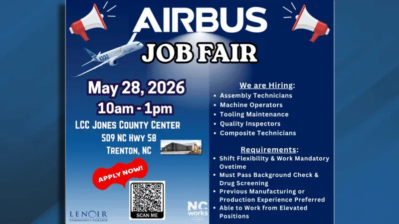 NCWorks to host Airbus job fair May 28 at LCC Jones County Center in Trenton