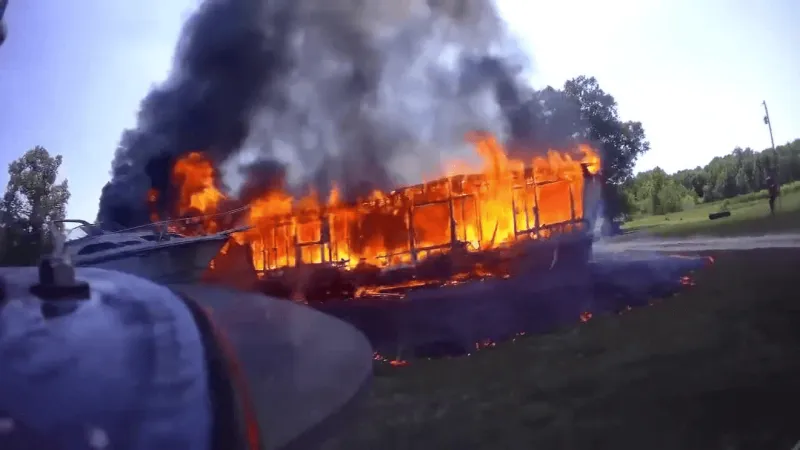 Helmet cam captures crews battling mobile homes, boat fire near Rose Hill