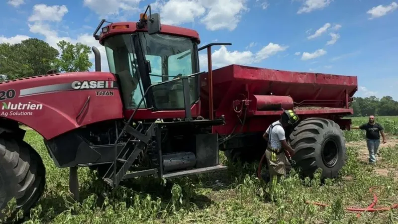 Crews cool smoking brakes after Duplin County spreader report of tractor fire