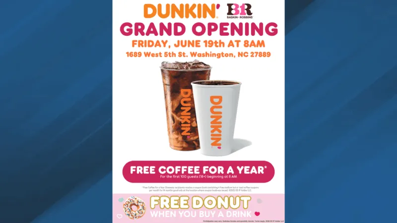Free coffee for a year up for grabs at new Washington Dunkin' opening