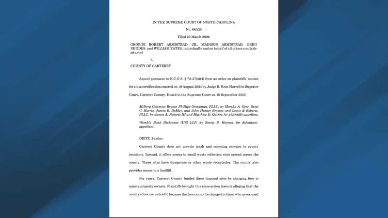 N.C. Supreme Court lets Carteret County solid waste fee class action proceed