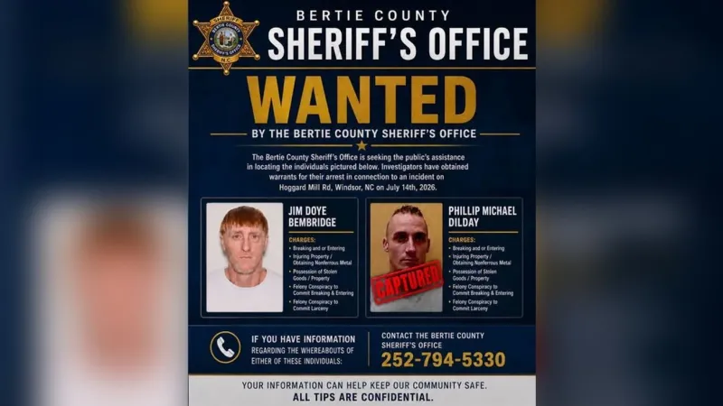 One suspect captured, second still wanted in Bertie County breaking and entering case